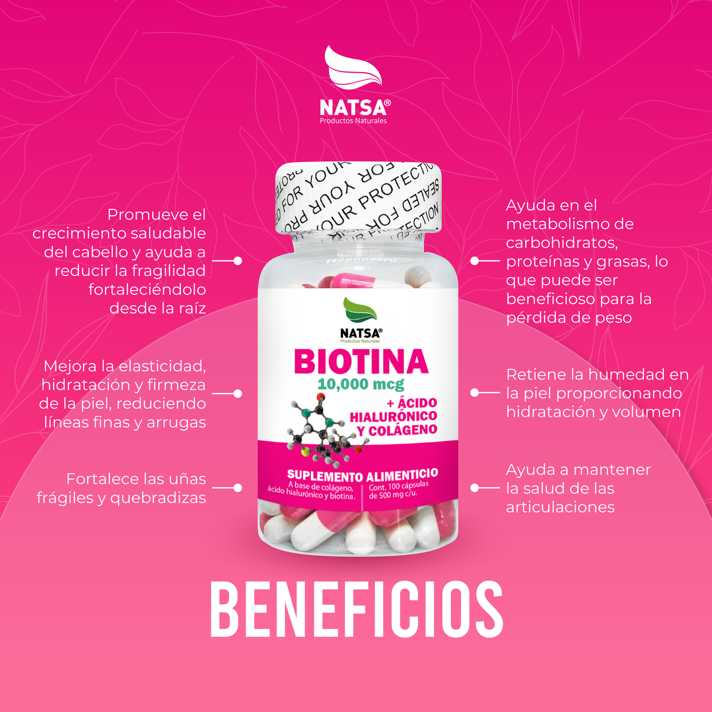 Biotina con Ácido Hialurónico y Colágeno 100 cápsulas