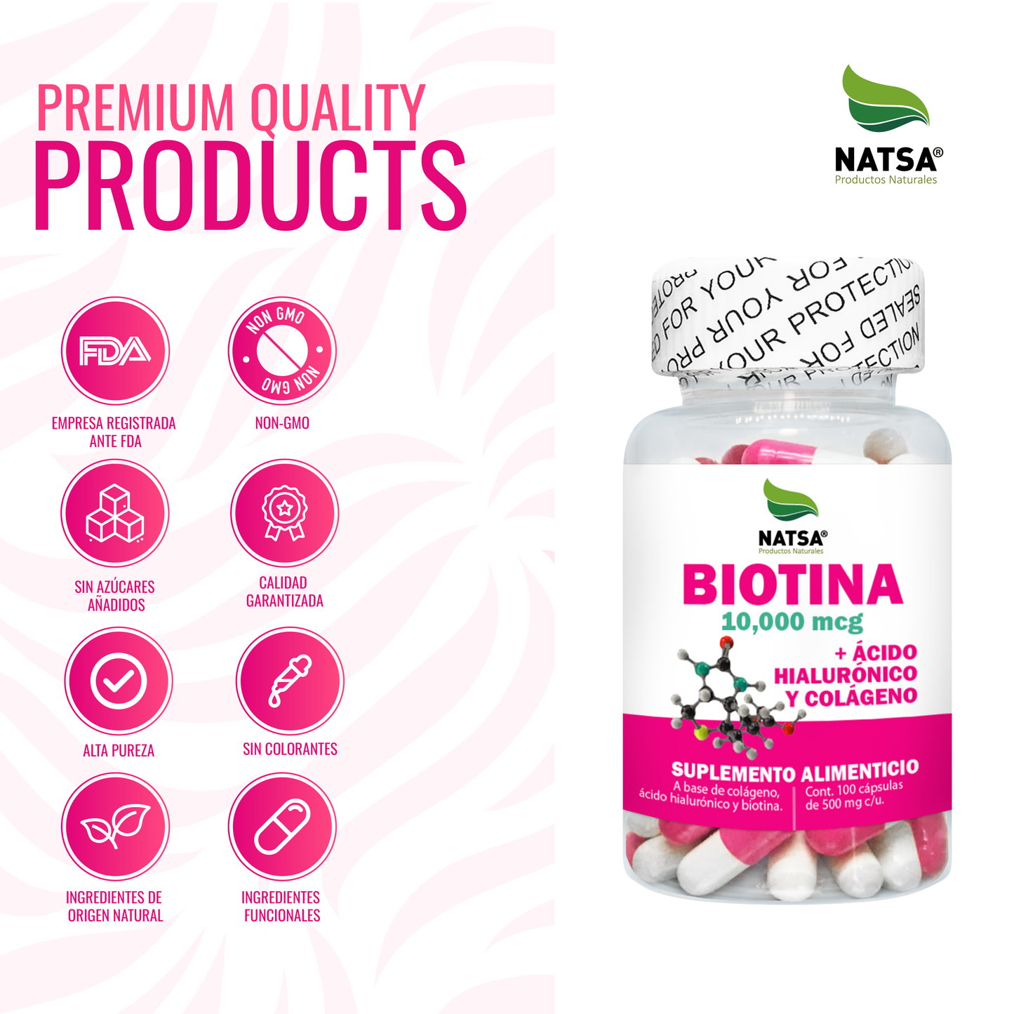 Biotina con Ácido Hialurónico y Colágeno 5 Frascos (100 cápsulas c/u)
