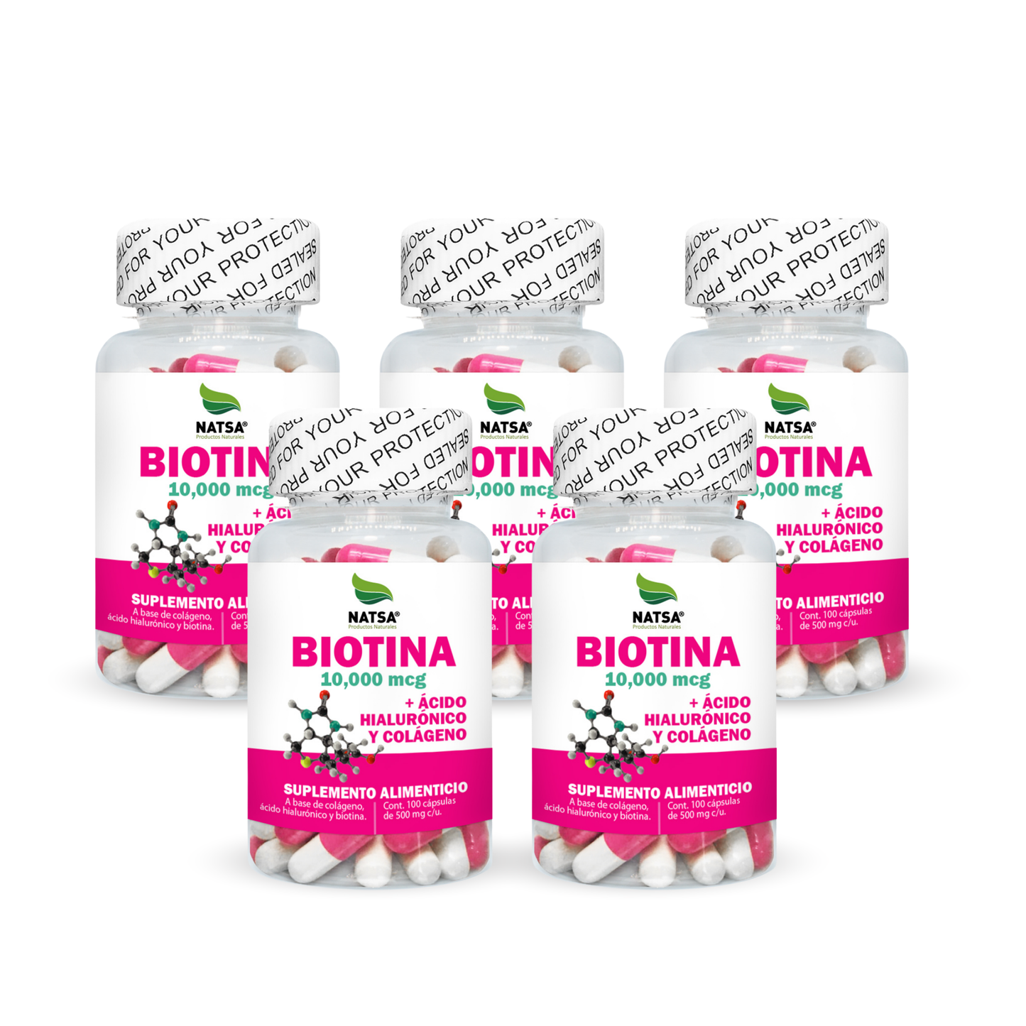Biotina con Ácido Hialurónico y Colágeno 5 Frascos (100 cápsulas c/u)