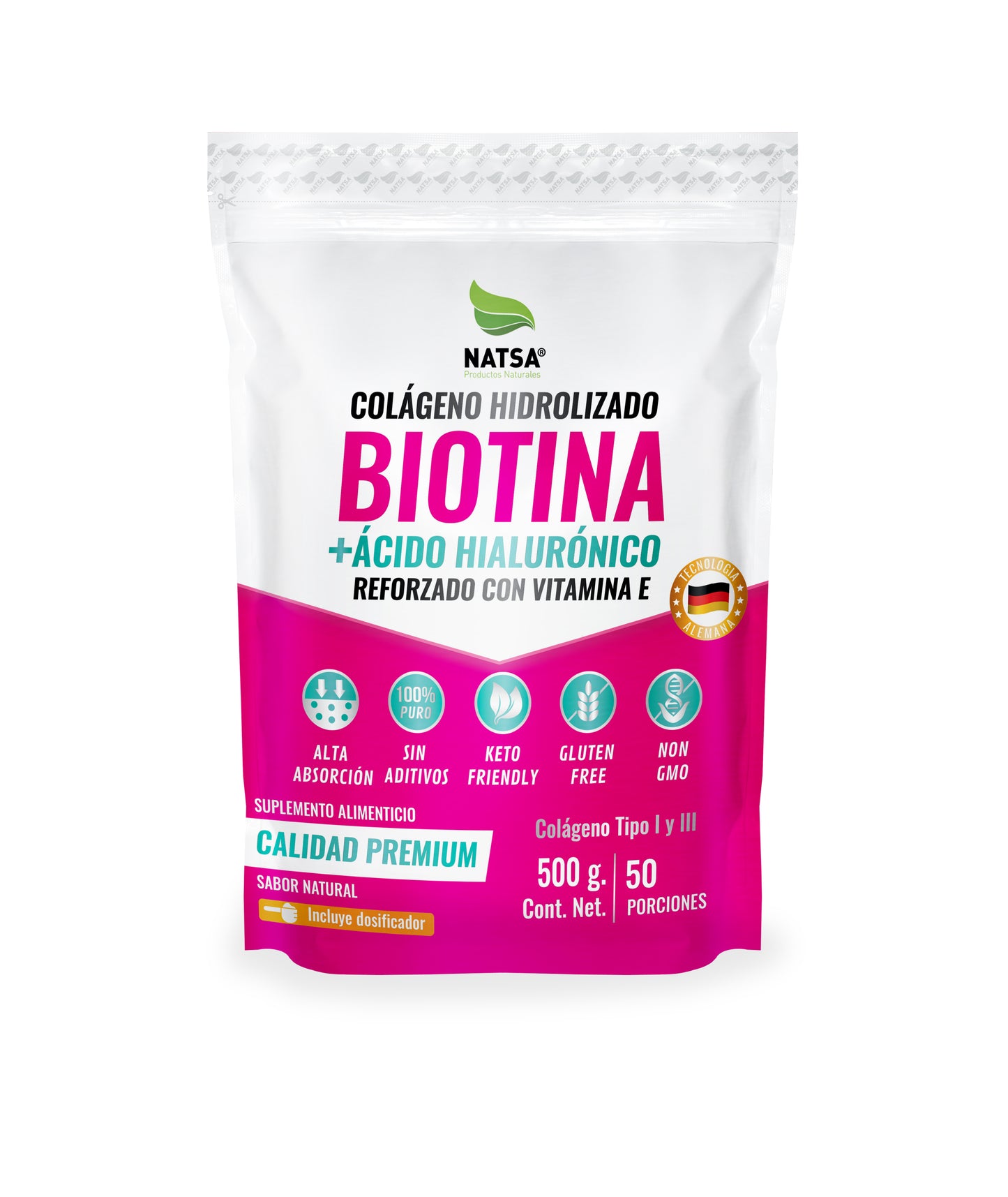 Biotina con Ácido Hialurónico, Colágeno y Vitamina E 500 g