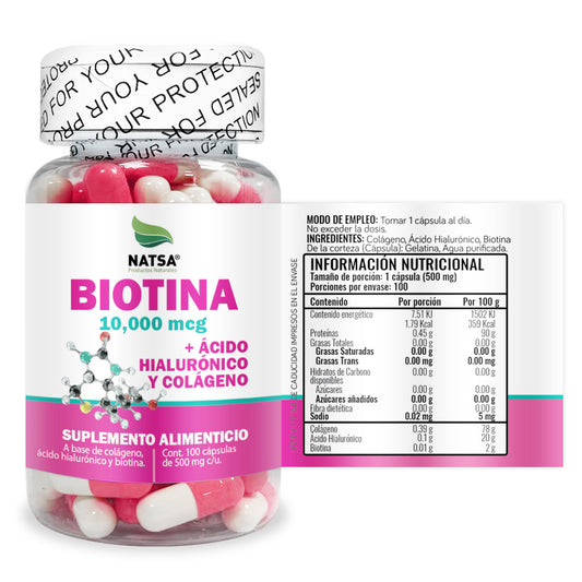 Biotina con Ácido Hialurónico y Colágeno 100 cápsulas